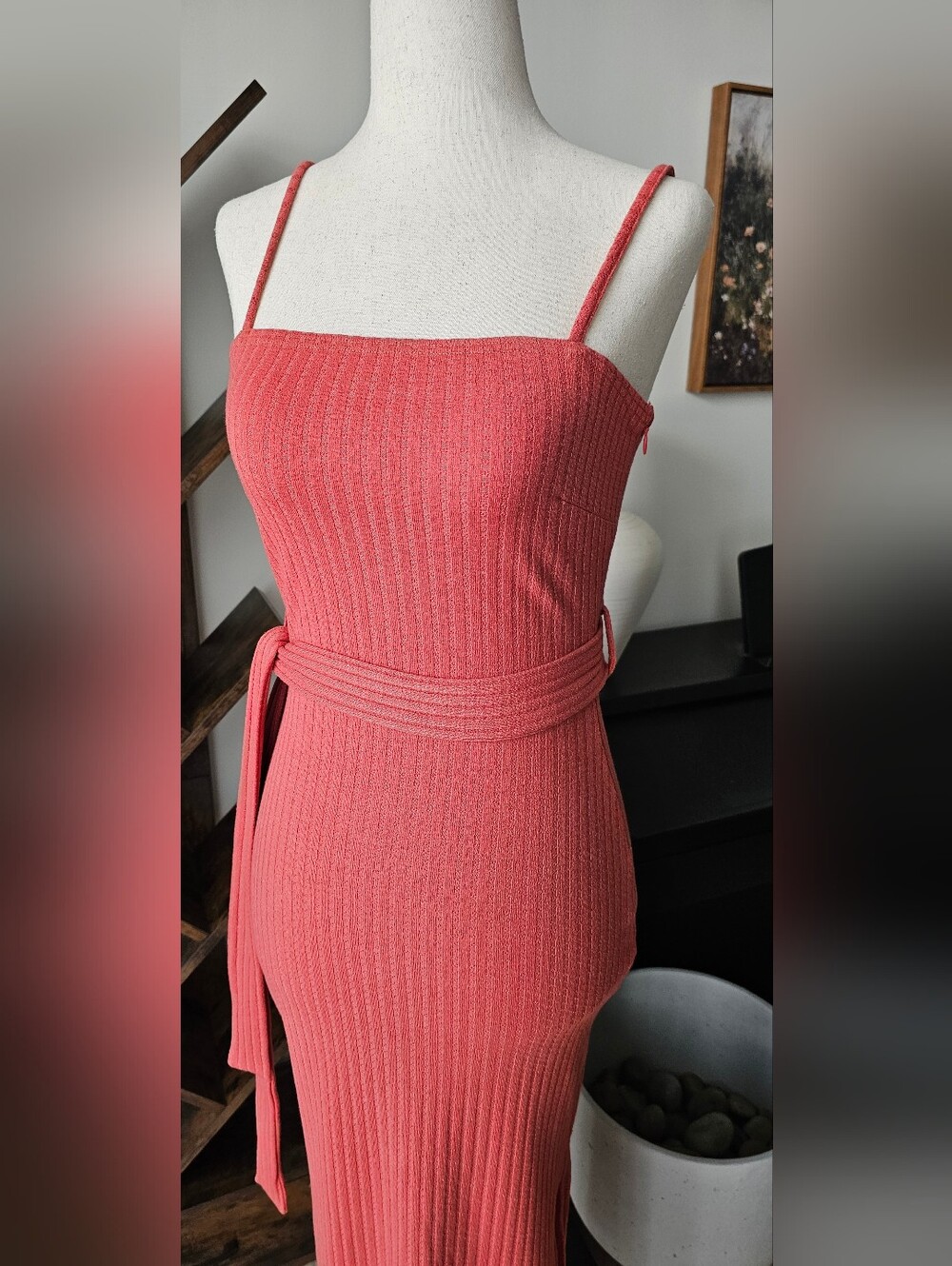 Francesca's Collections Coral Ribbed Maxi Dress with Waist Tie